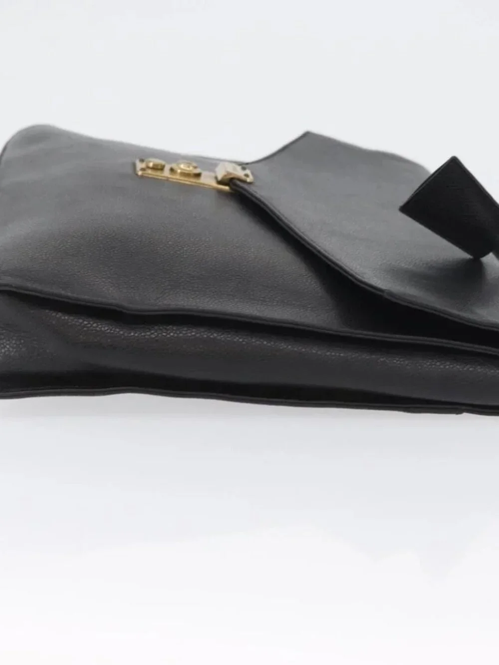 CHANEL Business Bag Grained Calf Skin Black Gold CC Auth ka2603